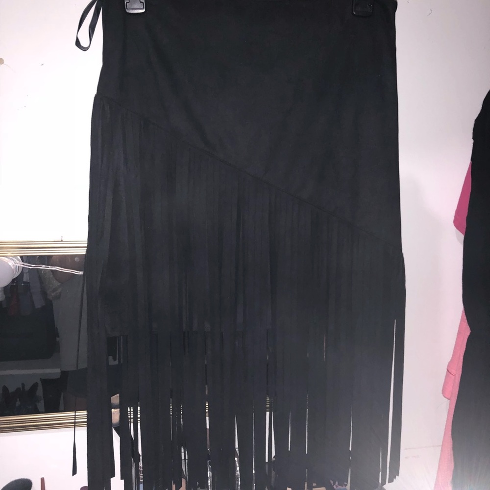 Ya Los Angeles Fringe Skirt Black suede